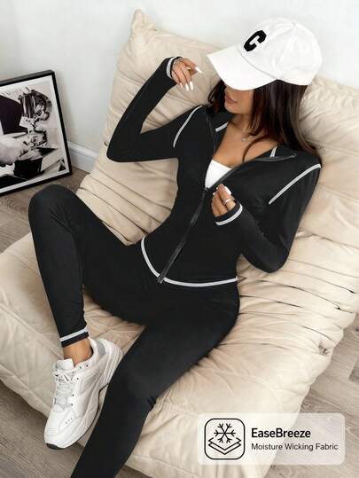 SHEIN Conjunto de chaqueta ajustada con cuello alto y pespuntes de contraste y mallas, traje deportivo negro, conjunto deportivo de otoño/invierno, conjunto de chaqueta para adolescentes con estilo minimalista y moda deportiva