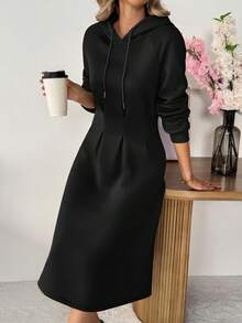 SHEIN LUNE Women's Casual Cinched Waist Hoodie Dress - Black - View 3