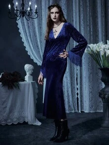 女式长款喇叭袖圆领鱼尾下摆流苏晚礼服，秋冬 - 藏蓝色 - 查看 12