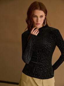 MOTF PREMIUM CAMISETA DE MANGA LARGA AJUSTADA CON ESTAMPADO DE LEOPARDO PARA MUJER - Negro - Ver 4