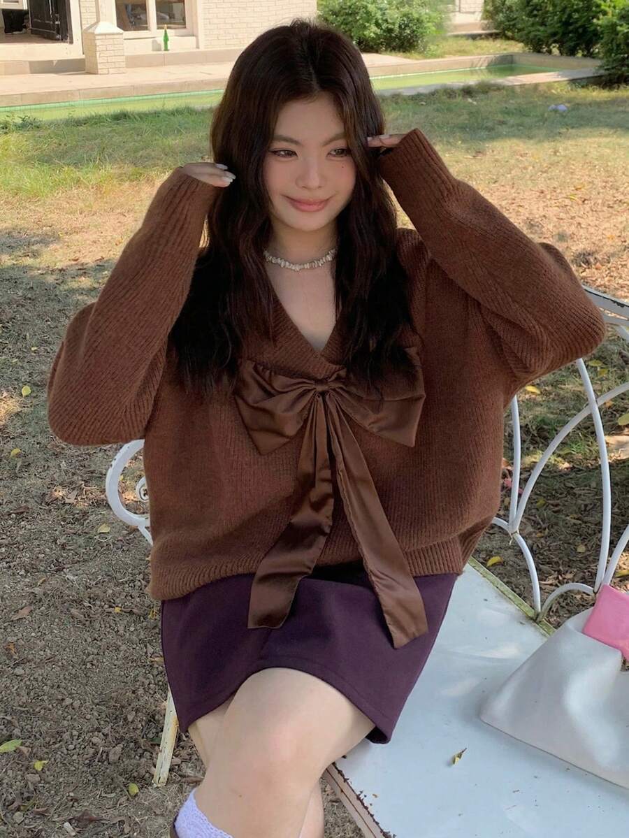 Dazy Plus Pulover de damă cu imprimeu floral, culoare solidă, casual, la modă, cu papion, drăguț, mărime plus, toamnă/iarnă - Maro - Vizualizare 1