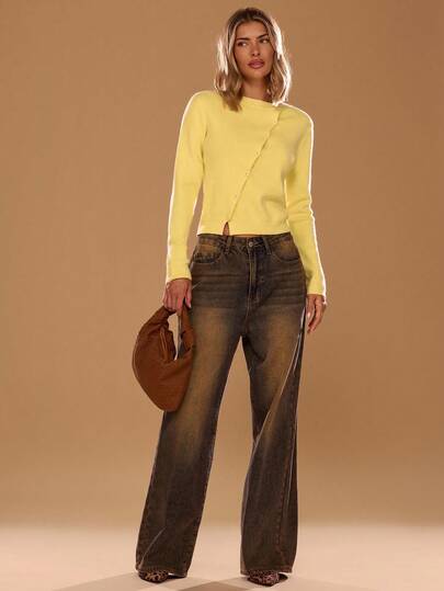 SHEIN BAE Women's Solid Color Oblique Collar Single-Breasted Casual Knitted Cardigan, Spring Sweaters, Casual Everyday Wear, Cute Yellow Sweaters, Yellow Tops, Yellow Women's Clothing