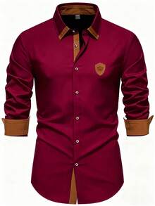 Manfinity Mode Men's Contrast Color Patchwork Front Button Fashionable Versatile Business Casual Long Sleeve Shirt Burgundy Men Shirt Men Luxury Shirts Maroon And White Shirt Men Collar Shirt For Men Men Designer Shirts - Burgundy - View 1