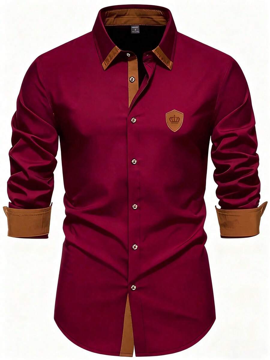Manfinity Mode Men's Contrast Color Patchwork Front Button Fashionable Versatile Business Casual Long Sleeve Shirt Burgundy Men Shirt Men Luxury Shirts Maroon And White Shirt Men Collar Shirt For Men Men Designer Shirts - Burgundy - View 1