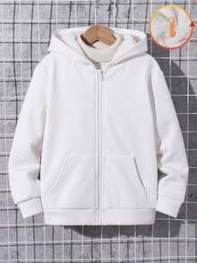 SHEIN Tween Boy Knit Composite Thermal Lined Hooded Casual Jacket - White - View 6