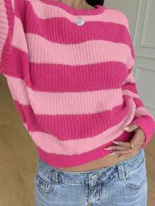 SHEIN Teenager Mädchen Lässig gestreifter Strickpullover, minimalistisch & modisch, geeignet für den täglichen Gebrauch, Herbst/Winter - Pink - Übersicht 4