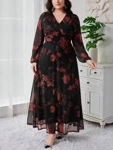 Modelyn 大码女式印花V领薄纱灯笼袖优雅长款晚礼服 - 橘色 - 查看 4