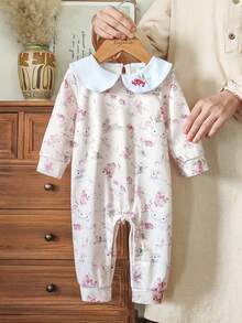SHEIN Vintaside Kids 1件女婴花卉刺绣领长袖连体衣，兔子印花，可爱休闲连体衣，适合春秋季外出、聚会、圣诞节、新年、情人节等节日穿着。 - 粉色 - 查看 1
