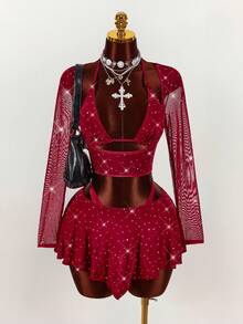 Amplova 2pcs/Set Sequin Detail Sexy Tight Fit Long Sleeve Crop Top & Tight Fit Inverted V Mini Skirt Sexy Two Piece Club Outfit Club Two Piece Set Sparkly Two Piece Set Mesh Two Piece Set Red Two Piece Set Vacation Outfits Women Y2K Valentine's Day - Burgundy - View 3