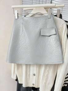 SHEIN Franclia Women's A-Line Skirt With Front Fabric Pocket Decoration, Glossy Leather-Like Material, Versatile Casual Fashion Style - Light Grey - View 4