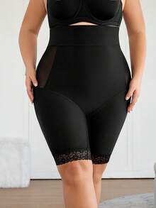 SHEIN CURVE+ Plus Size Women Solid Color Mesh Patchwork High Waist Shaping Shorts/2026 /New Year Women Curve Plus Clothing