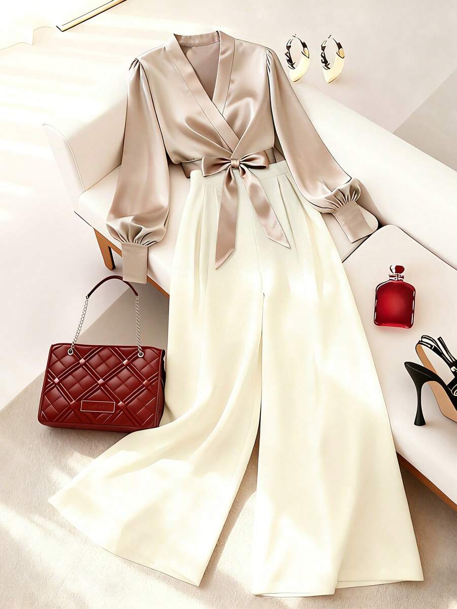 Franclia Bộ áo cổ bẻ thắt nơ phía trước và quần ống rộng thanh lịch dành cho nữ, phù hợp để mặc đi làm, đi chơi, hẹn hò và mặc hàng ngày, mùa xuân/thu - Nhiều màu - Xem 1