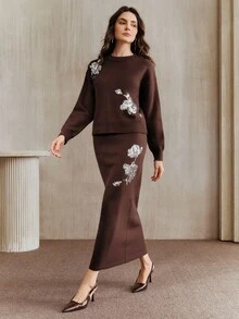 Anewsta Bộ 2 món đan len cổ điển đính hạt thanh lịch dành cho nữ - màu nâu - Xem 3