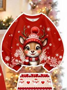 SHEIN Happikins Christmas Cute Cartoon 3D Reindeer Print Young Girl Crew Neck Sweatshirt And Skinny Leggings Set For Autumn,Family Matching,Winter - Multicolor - View 4