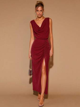 COSMINA Women's Solid Color Sleeveless Plunging Neck Ruched Slit Dress, Cruise Dinner Dress, Maroon Formal Dress, Burgundy Formal Dress Women, Wine Red Dress,Dresses For Women Elegant