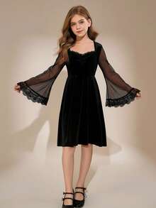 Tween Girls' Halloween Long Sleeve Lace Trim Black Dress - Black - View 5