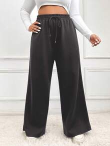 SHEIN EZwear 大码女式休闲抽绳腰宽松阔腿运动裤，纯色，适合日常通勤 - 深灰色 - 查看 5