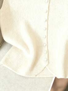 Franclia 休闲宽松高领无袖针织纽扣设计红色女式毛衣上衣，春秋 - 米色 - 查看 4