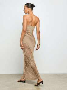 AiiRZ Strapless Maxi Dress With Lace Insert Panel Long Elegant Evening Formal Gown Bodycon Fitted Silhouette Special Occasion Party Wear - Champagne - View 2