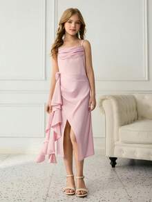 Elegantes Blumenmädchen-Kleid für Abschluss, Hochzeit, Ball, geeignet für Halloween, Weihnachten, Shrimp-rosa Satin 3D Blumen Träger Midi-Kleid für Tween-Mädchen, modisches Prinzessinnen-Kleid mit offenem Schlitz und Volants für den Schulanfang - Pink - Übersicht 3