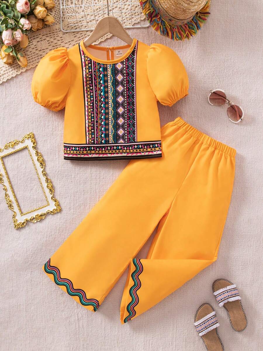 SHEIN Ensemble 2 pièces pour filles, imprimé style moyen-oriental, style élégant et classique à la mode, Top à manches bouffantes + pantalon - Jaune citron - Voir 1