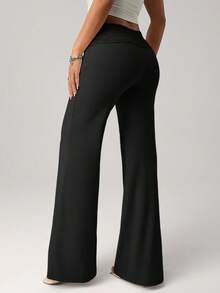 SHEIN ICON Women's White Knit Patchwork Waistband Beaded Drawstring Straight Leg Loose Casual Vacation Pants Lace Up Pants Black Beach Pants - Black - View 2