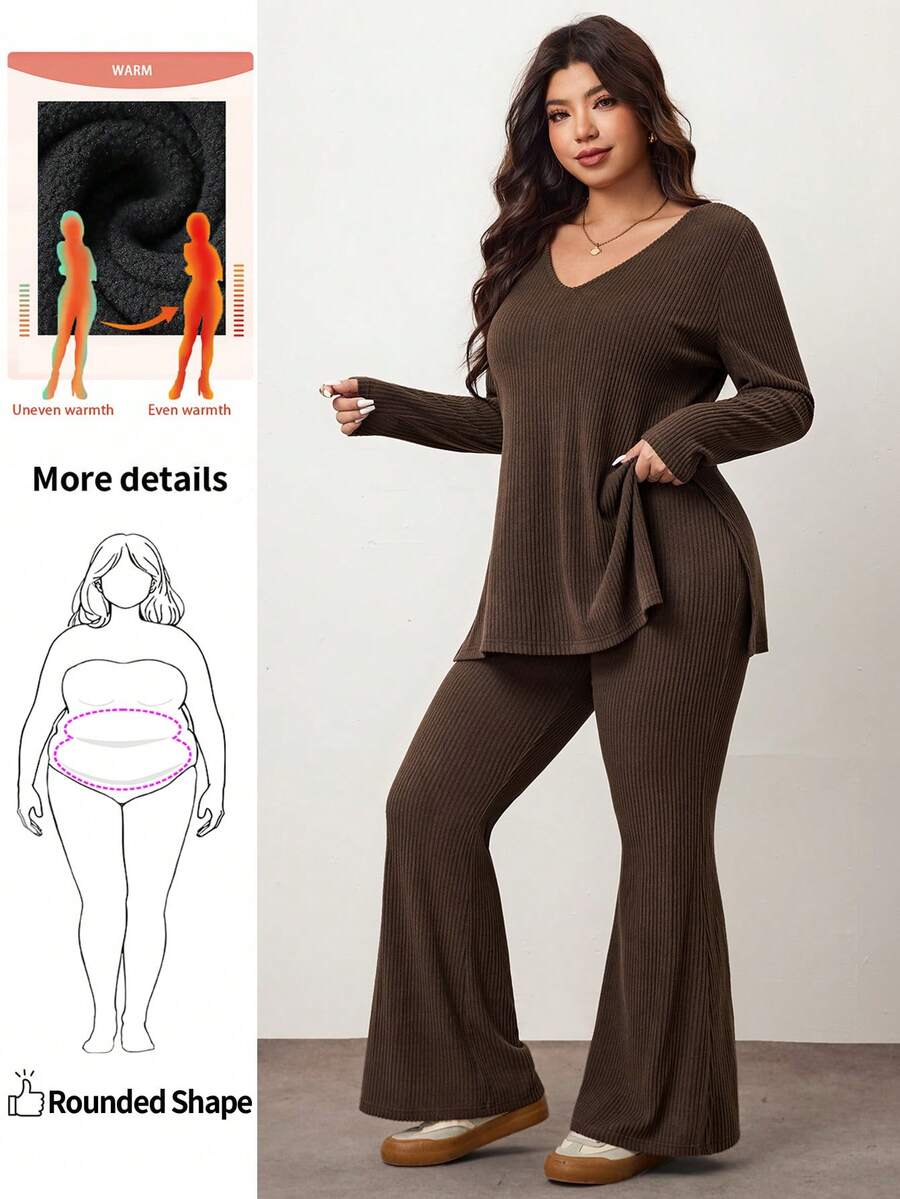 Enliva Plus Size Casual Homewear Minimalist Ribbed 2 Pieces Set, Autumn Clothes, Winter Clothes, Friendly To Round Body Curves, For Apple Rounded Body Shape Women Plus Clothing Sets