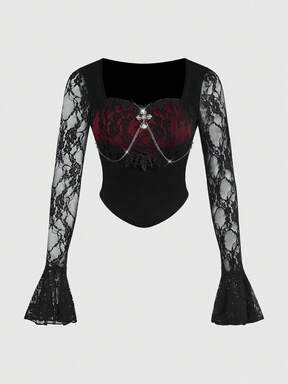 Gothic Palace Style Sexy Contrast Lace Square Collar Cross Pendant Chain High Slit Women Top