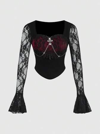Goth Gotischer Palast-Stil sexy Kontrast Spitze Quadratischer Kragen Kreuz Anhänger Kette Hoher Schlitz Frauen Top