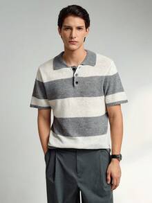 RONVEXI Men's Contrast Color Polo Collar Short Sleeve Casual Knit Top Men Buttoned Knitted Polo Grey Knit Short Sleeve Short Sleeve Mens Striped Polo Shirt Knitted Men Shirt