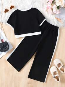 SHEIN 2pcs/Set Young Girl Casual Formal Elegant Back To School Black & White Contrast Pearl Button Top & Straight Leg Color Block Pants, Back To School, Young Lady Outfit