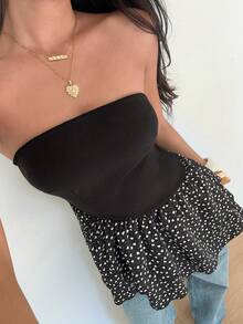 SHEIN Unity Women's Summer Casual Vacation Style Patchwork Heart Print Double Layer Ruffle Asymmetrical Hem Tube Top - Black and White - View 1