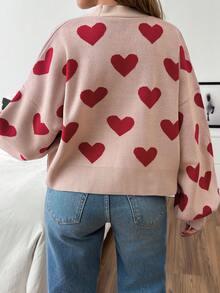 EURMUSE Women's Casual Commuter Cardigan With Allover Heart Pattern, Dropped Shoulder, Loose Lantern Sleeve, Cropped Length, Button Front, Lightweight, Suitable For Autumn/Winter, Valentine's Day - Pink - View 2