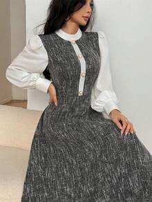 Modelyn Women's Grey Textured Tweed Long Sleeve Button-Down Waist A-Line Elegant Dress - Grey - View 4