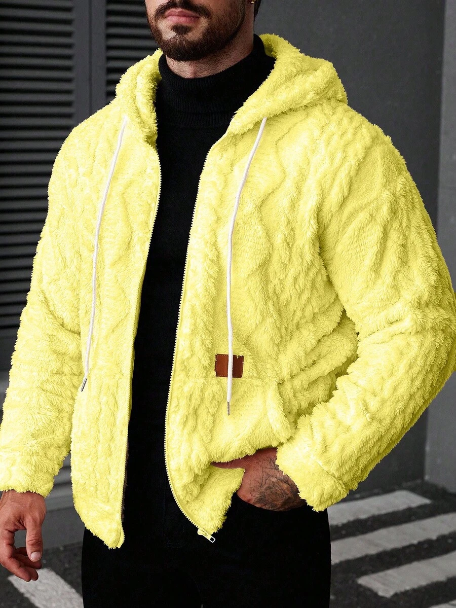 Manfinity CasualCool 男士贴花连帽拉链口袋纯色长袖夹克外套 - 黃色 - 查看 1