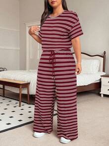 SHEIN EZwear 加大码红色条纹T恤和裤子休闲两件套，夏季 - 紅色 - 查看 5