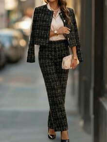 Editum 女士黑白仿粗花呢印花针织西装套装 - 黑與白 - 查看 1