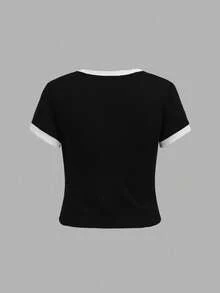 SHEIN Girlism Bộ đồ thời trang cho bé gái tuổi teen, áo phông cơ bản ôm sát, thêu nơ, phối sọc đen trắng tương phản, quần ống rộng cạp chun tương phản, phong cách thể thao đường phố thường ngày, thể thao, thoải mái khi đi học, thể thao bóng đá, bộ đồ mặc ngoài trời thoải mái - Đen và trắng - Xem 4