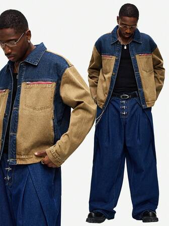 Street Life Giacca di jeans casual, ampia, con zip anteriore e patchwork a contrasto di colore per uomo