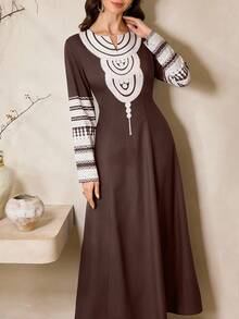 Al Najma Style Women V-Neck Striped Long Sleeve Casual Arabic Dress Kaftan Jalabiya Dress - Brown - View 2