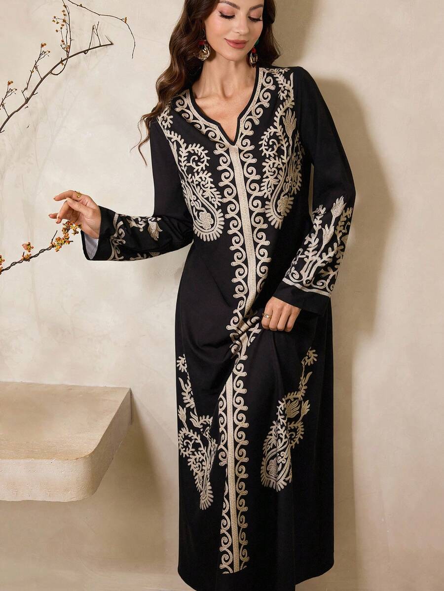 Al Najma Váy Ả Rập dài tay cổ chữ V họa tiết hoa cho nữ - màu đen - Xem 1
