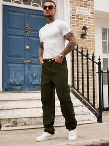 Manfinity Homme Quần jean ống đứng đơn sắc bỏ túi thường ngày dành cho nam - xanh quân đội - Xem 6