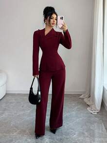 Modelyn Damen-Outfit in Burgunderrot mit Langarm-Bluse mit Kragen und Knopfleiste sowie gerader Hose, elegantes Herbst-Outfit - Bordeaux - Übersicht 4