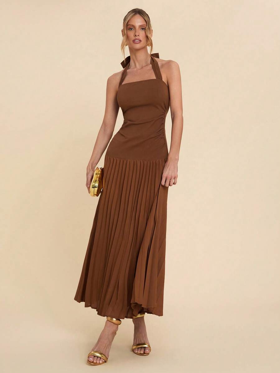 COSMINA Women's Elegant Pleated Halter Dress,Shades Of Brown Summer Sundress For Party,Long Earth Tone Wedding Guest Gown,Suitable For Dates And Gatherings - Rust Brown - View 1