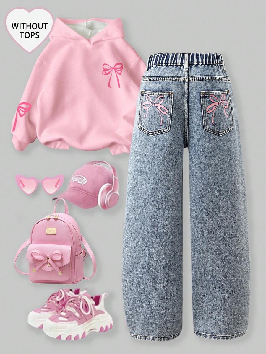 Tween GirlsCasual Basic Comfortable Elegant Fresh Wide Leg Loose Fit Pure White Jeans - Light Wash - View 1