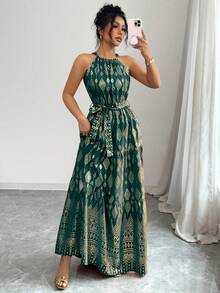 Breezaya 女士优雅挂脖长裙，金属几何印花 - 墨綠色 - 查看 6