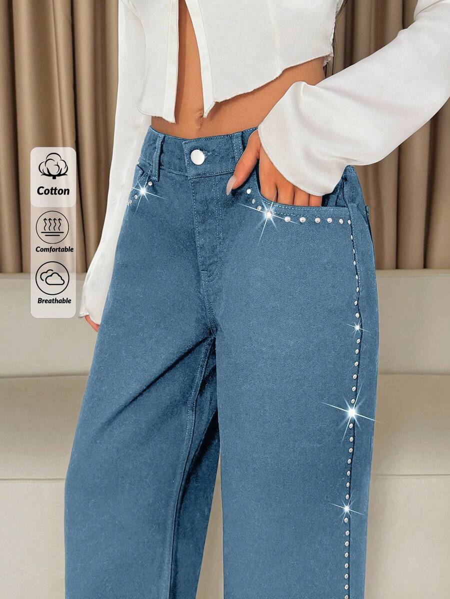 Low Waist Stud Detailed Straight Jean - Light Wash - View 1