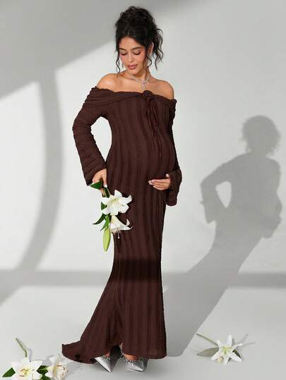 Cheriluna Maternity Maternity 3D Floral Decor Off-Shoulder Long Sleeve Fishtail Hem Dress, Photo Shoot Outfit