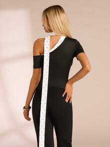 Glamine Women's Oblique Shoulder Polka Dot Tie Blouse, Sexy Fitted Office Mermaid Style Top - Multicolor - View 5