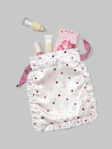 ROMWE Kawaii Printed Heart Pattern Drawstring Cosmetic Bag, Travel Underwear Storage Pouch - White - View 3